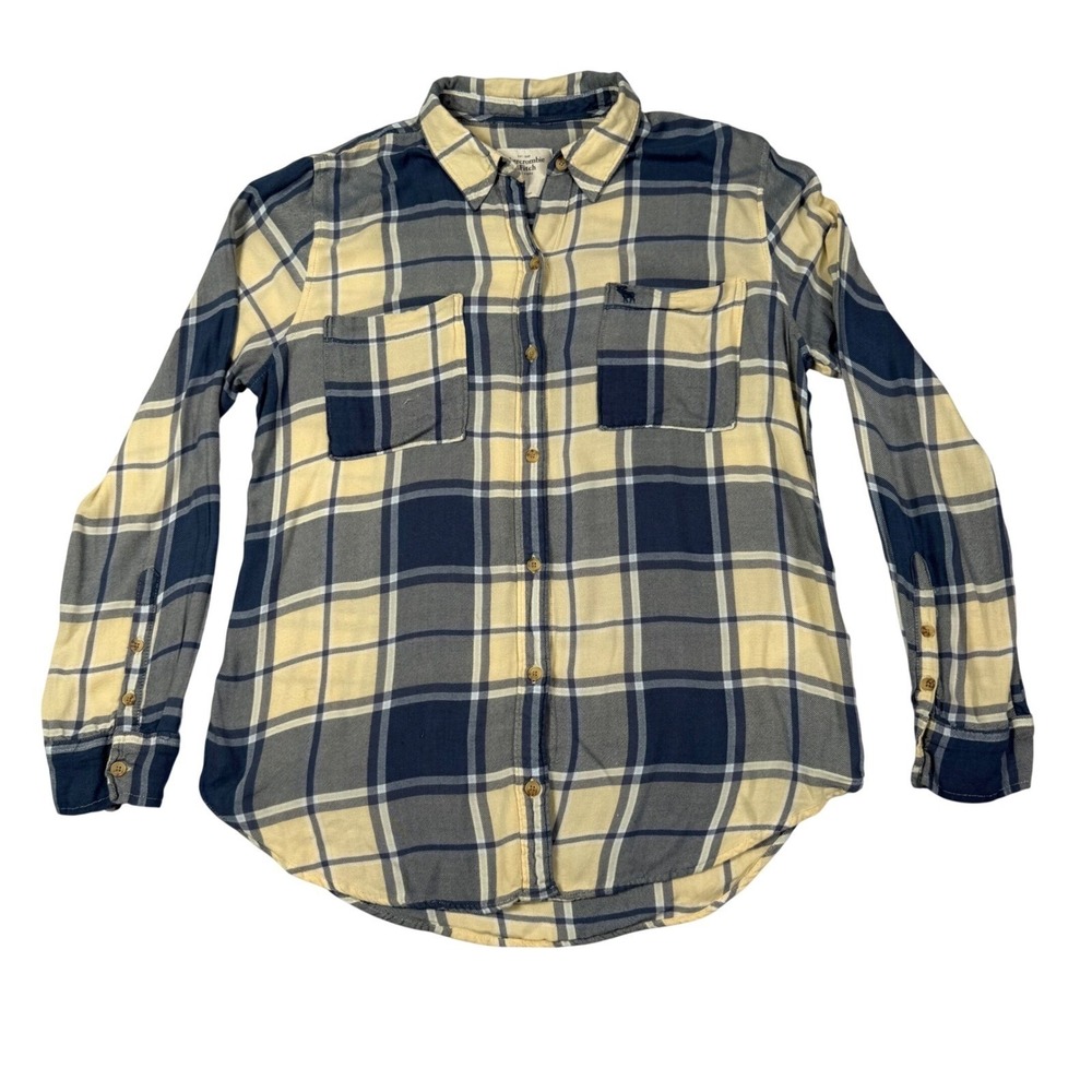 Abercrombie & Fitch Womens Large Plaid Flannel Shirt Navy Yellow Grunge Gorpcore